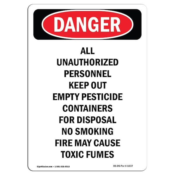 Signmission OSHA Sign, 14" H, 10" W, Rigid Plastic, Portrait Empty Pesticide Containers For Disposal, Portrait OS-DS-P-1014-V-1637 - main